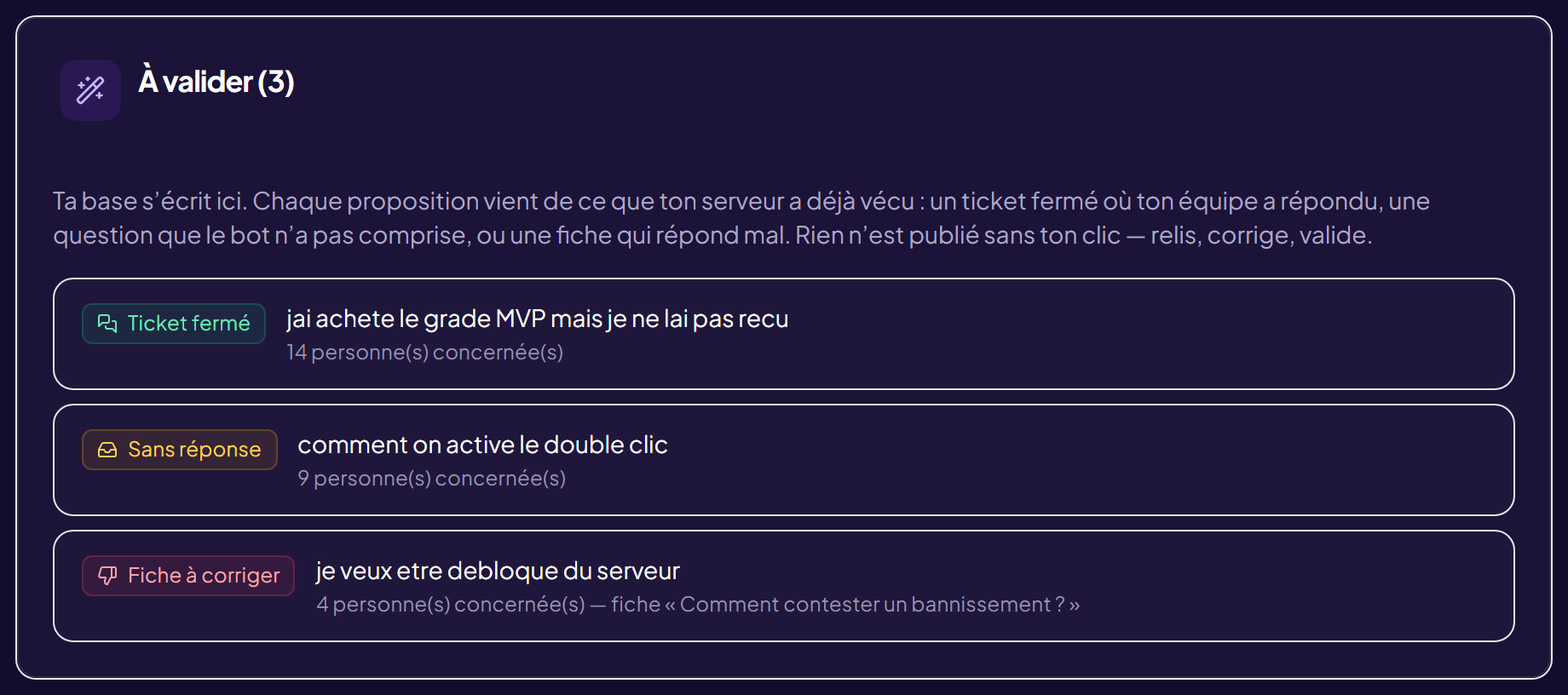 A fila «Por validar» do OriusBot: três fichas propostas, tiradas de um ticket fechado, de uma pergunta sem resposta e de uma ficha que responde mal.