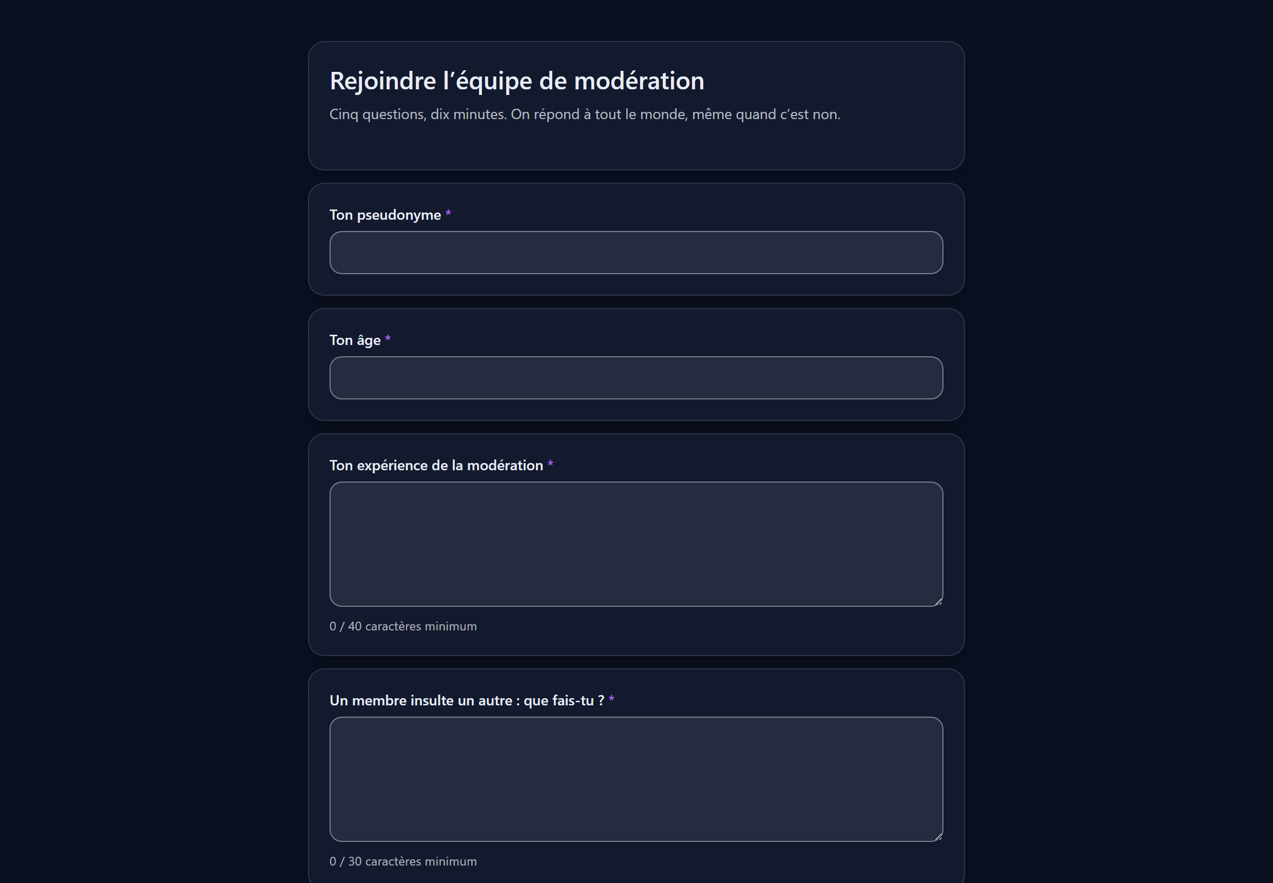 Le formulaire public, tel que le voit un candidat — dans le CRM du staff.