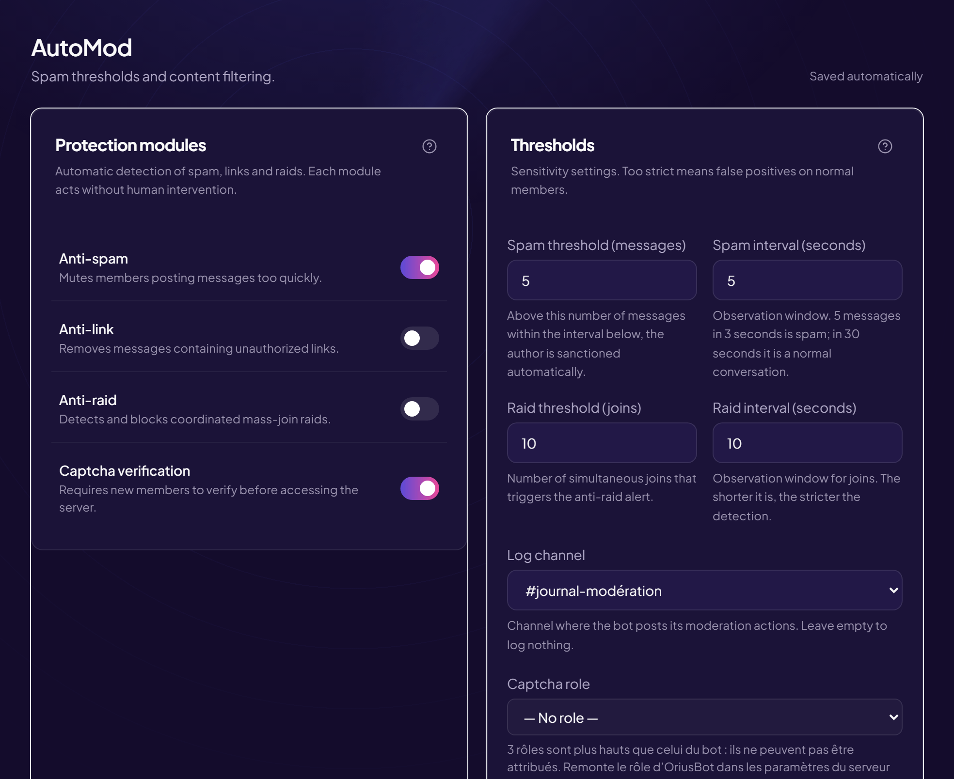 Auto-moderation page: anti-spam, anti-link and AI moderation, each with a switch, then the detection thresholds.