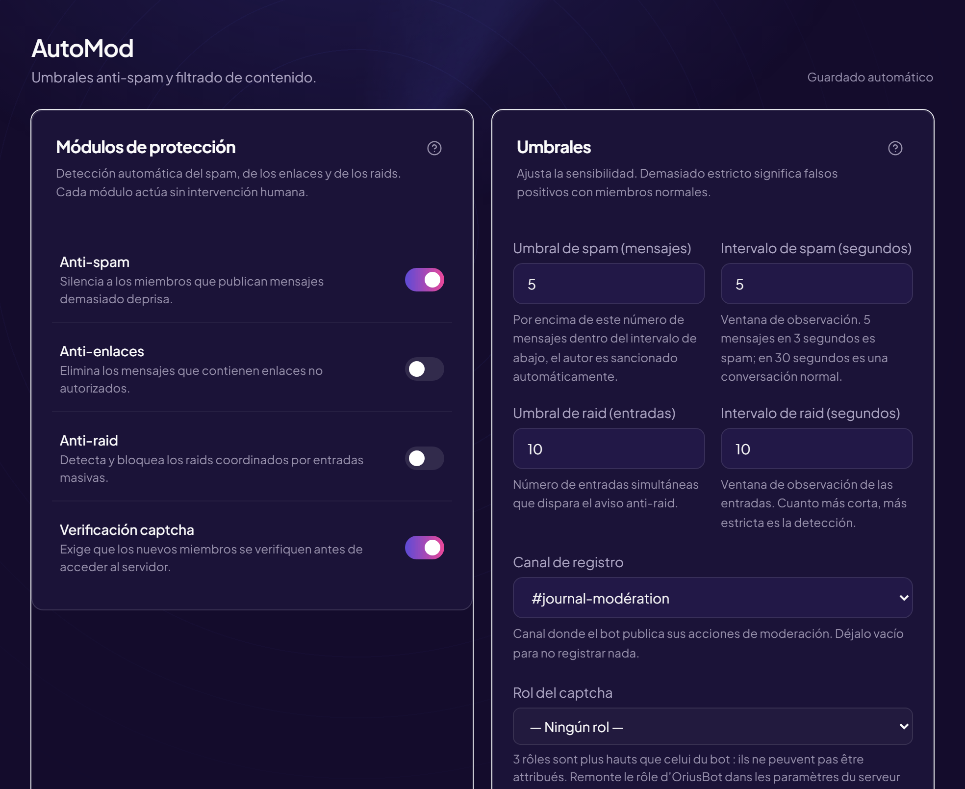 Página de auto-moderación: anti-spam, anti-enlace y moderación por IA, cada uno con un interruptor, y luego los umbrales de detección.