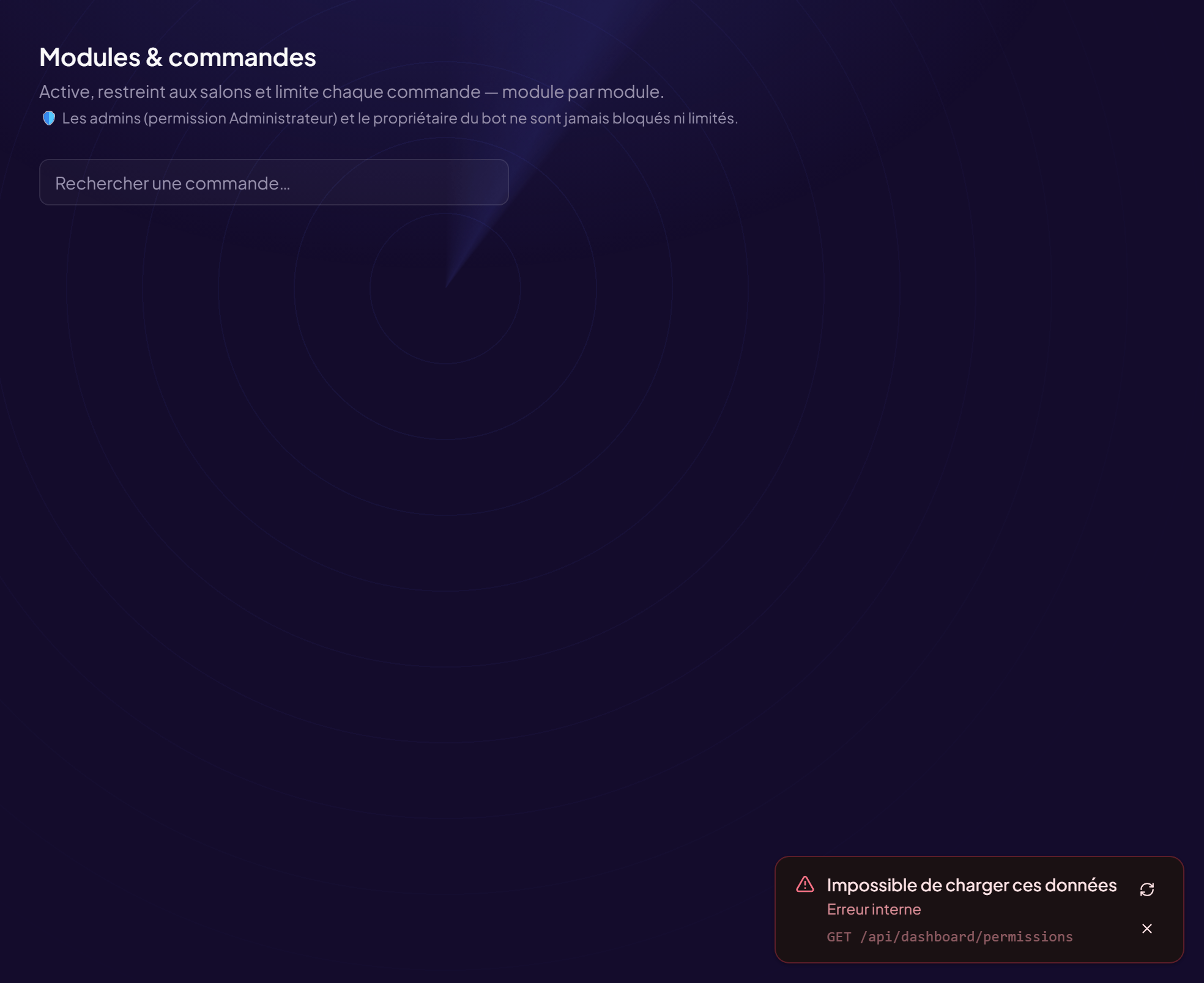 Permissions des commandes — dans le panneau d’administration d’OriusBot.