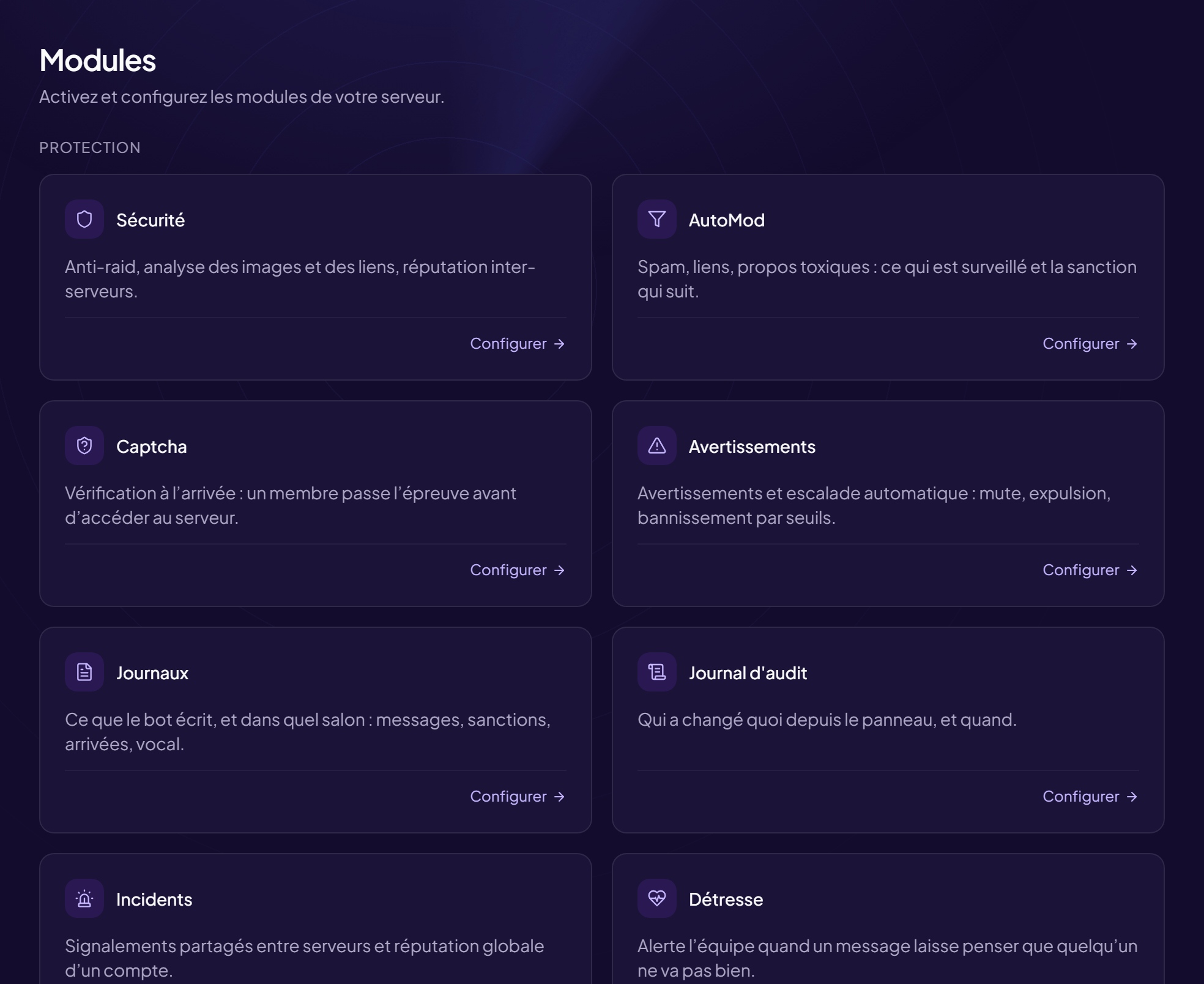 Modules — dans le panneau d’administration d’OriusBot.