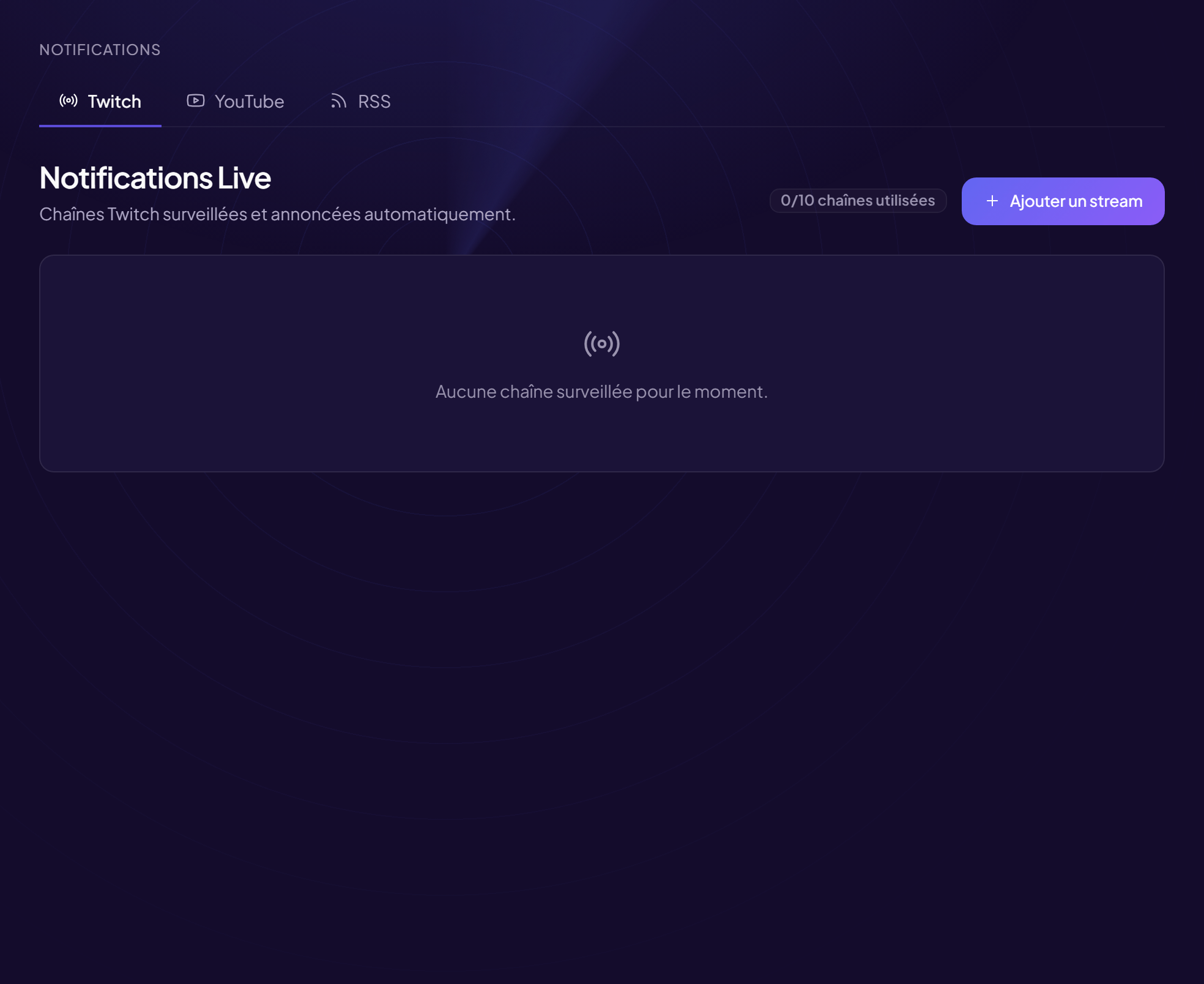 Alertes Twitch, YouTube et RSS — dans le panneau d’administration d’OriusBot.
