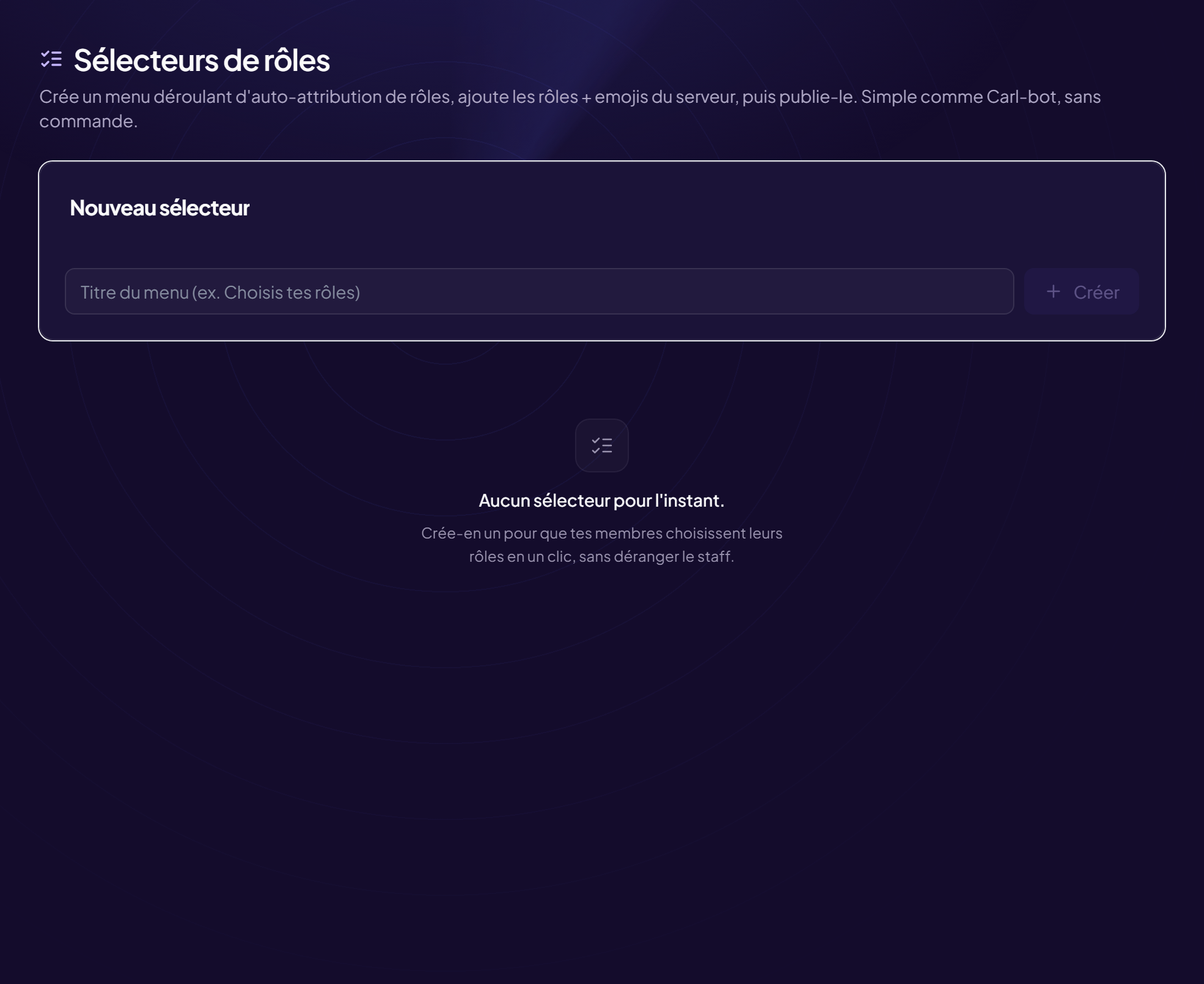 Menus de rôles — dans le panneau d’administration d’OriusBot.