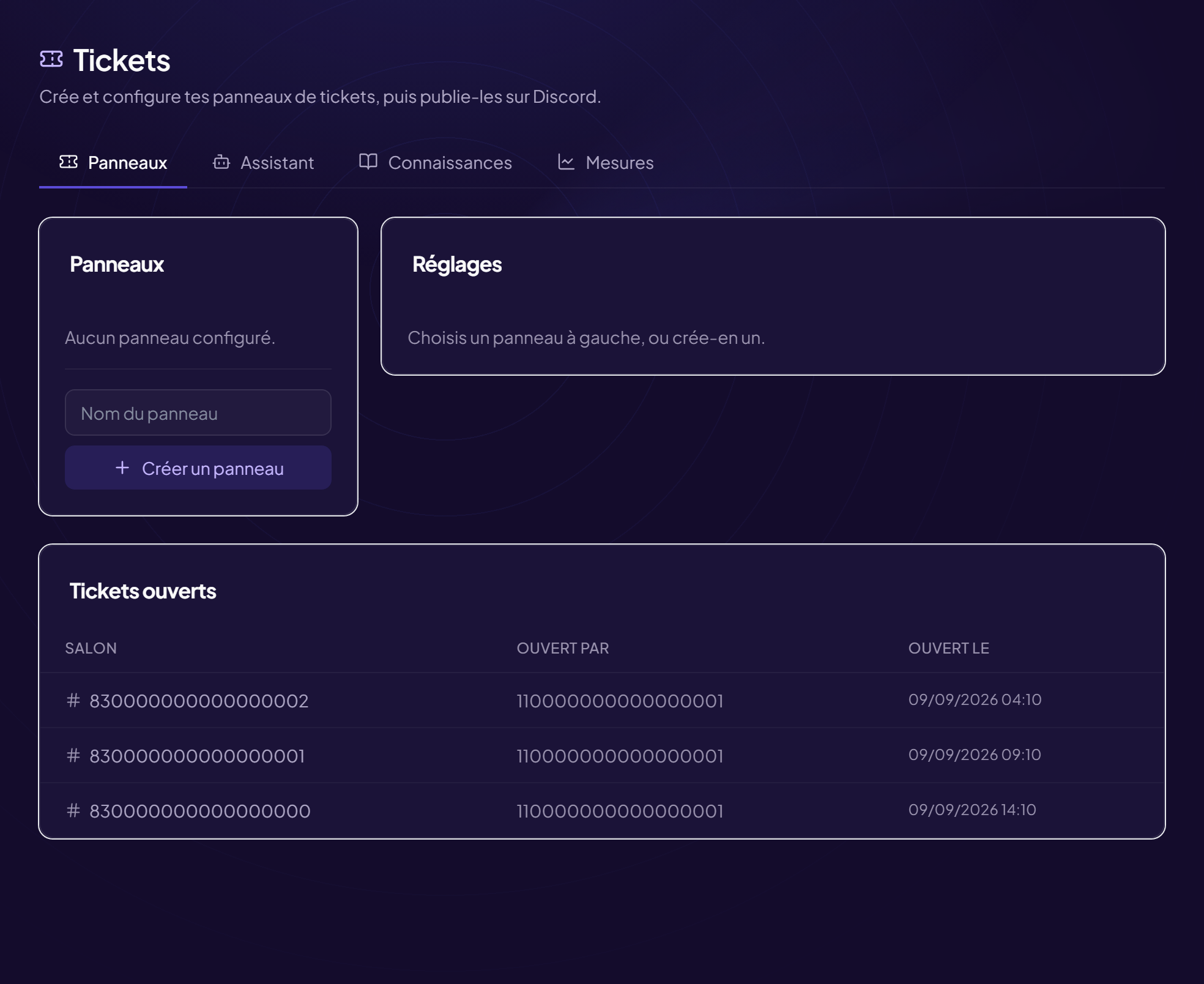 Tickets — dans le panneau d’administration d’OriusBot.