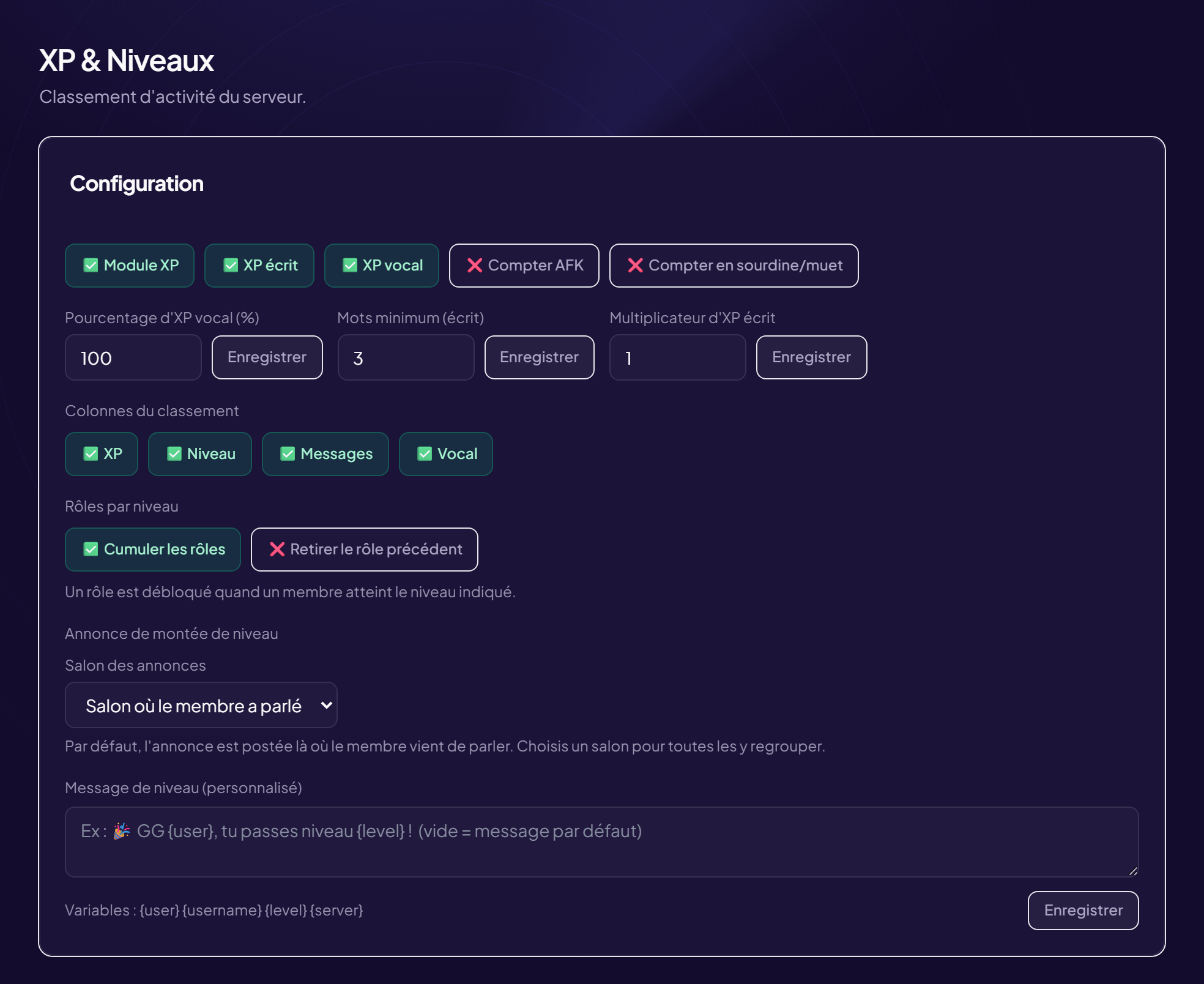 XP et niveaux — dans le panneau d’administration d’OriusBot.