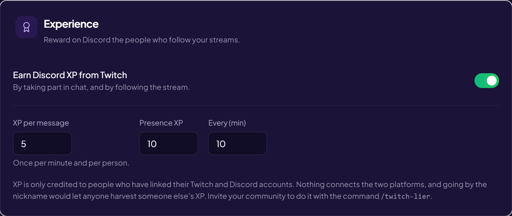 Shared Twitch ↔ Discord XP — inside the OriusBot streamer space.